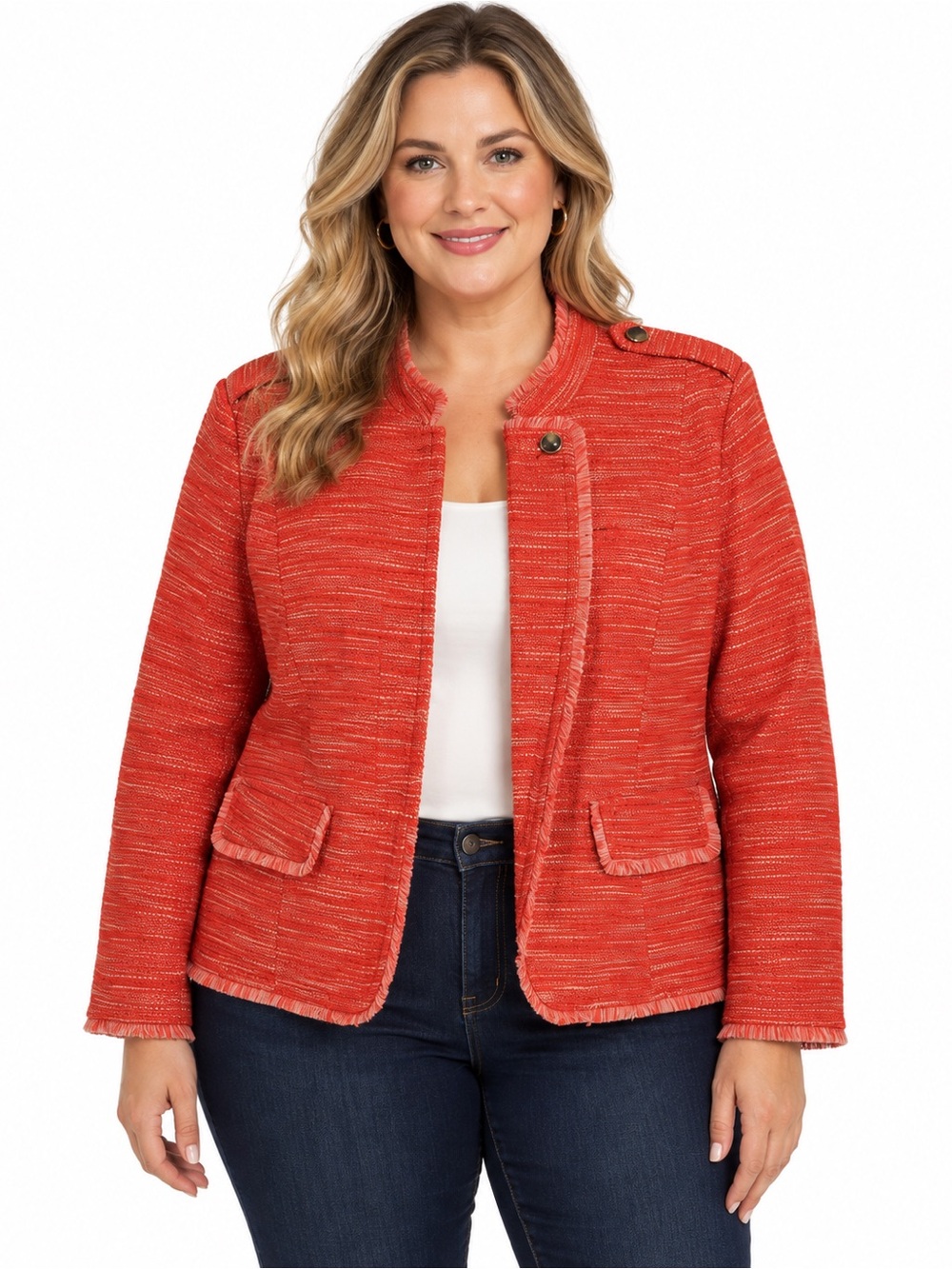 Chico's Blazer Size 3 (16XL) Orange Frayed Textured Fringe